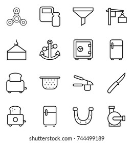 thin line icon set : spinner, scales weight, funnel, loading, crane, anchor, safe, fridge, toaster, colander, garlic clasp, knife, horseshoe, water pump