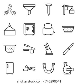 thin line icon set : spinner, funnel, nail, loading, crane, safe, toaster, colander, garlic clasp, knife holder, fridge, scissors, horseshoe, water pump