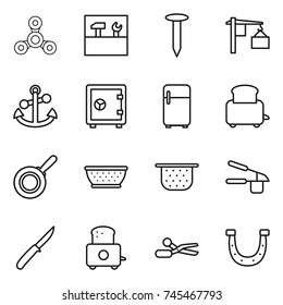 thin line icon set : spinner, tools, nail, loading, anchor, safe, fridge, toaster, pan, colander, garlic clasp, knife, scissors, horseshoe