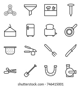 thin line icon set : spinner, funnel, tools, nail, loading crane, fridge, toaster, pan, colander, garlic clasp, big fork, knife, scissors, shovel, horseshoe, water pump