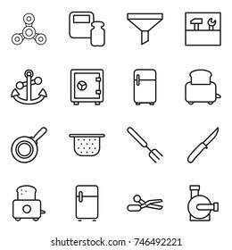thin line icon set : spinner, scales weight, funnel, tools, anchor, safe, fridge, toaster, pan, colander, big fork, knife, scissors, water pump