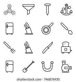 thin line icon set : spinner, funnel, nail, anchor, fridge, stands for knives, pan, big spoon, fork, knife holder, toaster, shovel, horseshoe, water pump