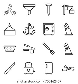 thin line icon set : spinner, funnel, nail, loading, crane, anchor, safe, stands for knives, colander, garlic clasp, big fork, knife holder, toaster, fridge, scissors