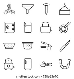 thin line icon set : spinner, funnel, nail, loading crane, safe, fridge, toaster, pan, colander, garlic clasp, knife, scissors, horseshoe