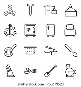 thin line icon set : spinner, nail, loading, crane, anchor, safe, fridge, toaster, pan, colander, garlic clasp, big spoon, knife holder, scissors, shovel, water pump