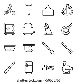 thin line icon set : spinner, nail, loading crane, anchor, safe, toaster, stands for knives, pan, colander, big spoon, fork, knife, fridge, scissors, water pump