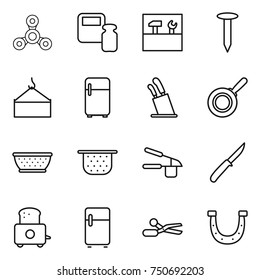 thin line icon set : spinner, scales weight, tools, nail, loading crane, fridge, stands for knives, pan, colander, garlic clasp, knife, toaster, scissors, horseshoe
