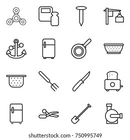 thin line icon set : spinner, scales weight, nail, loading, anchor, fridge, pan, colander, big fork, knife, toaster, scissors, shovel, water pump