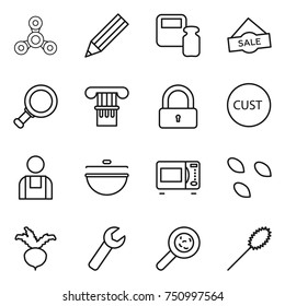 thin line icon set : spinner, pencil, scales weight, sale, magnifier, column, lock, customs, workman, cauldron, microwave oven, seeds, beet, wrench, viruses, duster