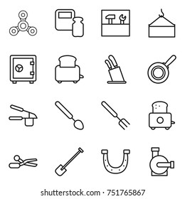 thin line icon set : spinner, scales weight, tools, loading crane, safe, toaster, stands for knives, pan, garlic clasp, big spoon, fork, scissors, shovel, horseshoe, water pump