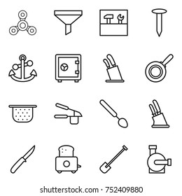 thin line icon set : spinner, funnel, tools, nail, anchor, safe, stands for knives, pan, colander, garlic clasp, big spoon, knife holder, toaster, shovel, water pump