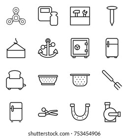 thin line icon set : spinner, scales weight, tools, nail, loading crane, anchor, safe, fridge, toaster, colander, big fork, scissors, horseshoe, water pump