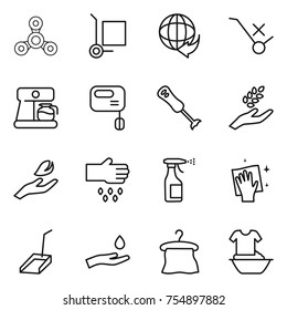 thin line icon set : spinner, cargo stoller, delivery, do not trolley sign, coffee maker, mixer, blender, harvest, hand leaf, sow, sprayer, wiping, scoop, and drop, hanger, handle washing