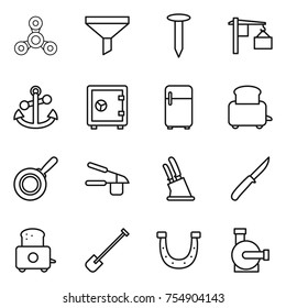 thin line icon set : spinner, funnel, nail, loading, anchor, safe, fridge, toaster, pan, garlic clasp, knife holder, shovel, horseshoe, water pump