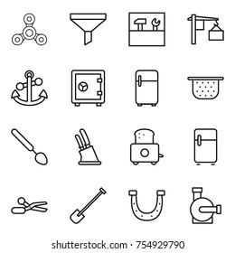 thin line icon set : spinner, funnel, tools, loading, anchor, safe, fridge, colander, big spoon, knife holder, toaster, scissors, shovel, horseshoe, water pump