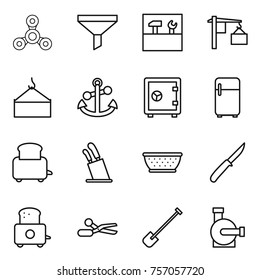 Thin line icon set : spinner, funnel, tools, loading, crane, anchor, safe, fridge, toaster, stands for knives, colander, knife, scissors, shovel, water pump