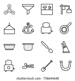 Thin line icon set : spinner, funnel, tools, loading, crane, anchor, toaster, pan, colander, big spoon, knife holder, scissors, shovel, horseshoe