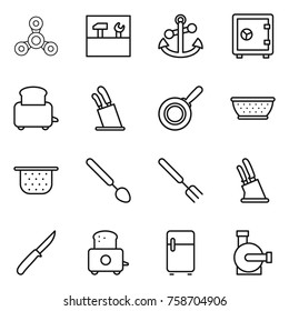 Thin line icon set : spinner, tools, anchor, safe, toaster, stands for knives, pan, colander, big spoon, fork, knife holder, fridge, water pump