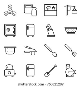 Thin line icon set : spinner, scales weight, tools, loading, safe, fridge, stands for knives, colander, garlic clasp, big spoon, fork, toaster, shovel, water pump