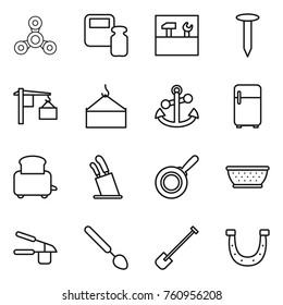 Thin line icon set : spinner, scales weight, tools, nail, loading, crane, anchor, fridge, toaster, stands for knives, pan, colander, garlic clasp, big spoon, shovel, horseshoe