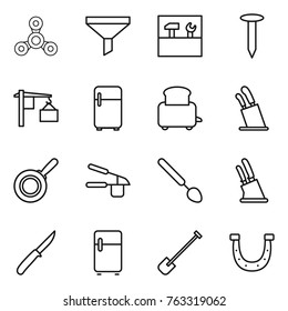 Thin line icon set : spinner, funnel, tools, nail, loading, fridge, toaster, stands for knives, pan, garlic clasp, big spoon, knife holder, shovel, horseshoe