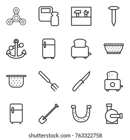Thin line icon set : spinner, scales weight, tools, nail, anchor, fridge, toaster, colander, big fork, knife, shovel, horseshoe, water pump