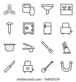 Thin line icon set : spinner, scales weight, funnel, tools, nail, safe, fridge, toaster, colander, garlic clasp, big fork, knife holder, shovel, horseshoe