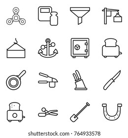 Thin line icon set : spinner, scales weight, funnel, loading, crane, anchor, safe, toaster, pan, garlic clasp, knife holder, scissors, shovel, horseshoe