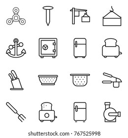 Thin line icon set : spinner, nail, loading, crane, anchor, safe, fridge, toaster, stands for knives, colander, garlic clasp, big fork, water pump