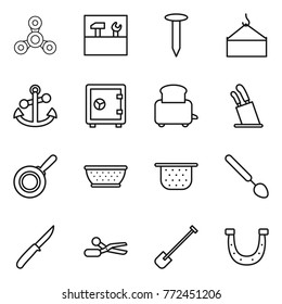 Thin line icon set : spinner, tools, nail, loading crane, anchor, safe, toaster, stands for knives, pan, colander, big spoon, knife, scissors, shovel, horseshoe