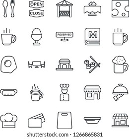 Thin Line Icon Set - spoon and fork vector, coffee, cook, restaurant table, hat, menu, reserved, beer, waiter, egg stand, cafe building, open close, alcove, credit card, hot dog, bowl, cutting board