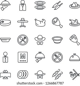 Thin Line Icon Set - spoon and fork vector, waiter, dish, restaurant table, serviette, cafe, menu, plates, dress code, chicken, steak, kebab, ham, bowl, sushi
