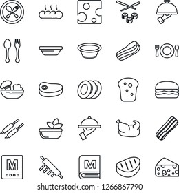 Thin Line Icon Set - spoon and fork vector, cafe, menu, salad, plates, bacon, waiter, bread, chicken, steak, kebab, hamburger, bowl, rolling pin, sushi, cheese