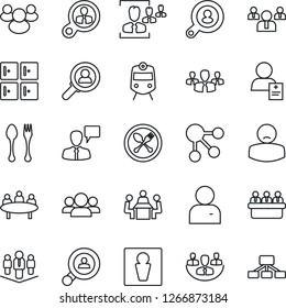 Thin Line Icon Set - spoon and fork vector, train, male, checkroom, speaking man, team, meeting, patient, group, user, company, hr, client search, consumer, social media, hierarchy