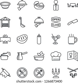 Thin Line Icon Set - spoon and fork vector, coffee, waiter, restaurant table, cafe, cook hat, wine card, cocktail, salad, candle, open close, alcove, steak, ladle, bowl, rolling pin, knife, turkish