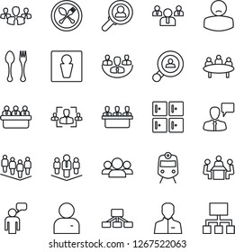 Thin Line Icon Set - spoon and fork vector, train, male, checkroom, speaking man, team, meeting, patient, user, company, hr, client search, consumer, group, hierarchy