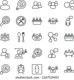 Thin Line Icon Set - spoon and fork vector, train, male, speaking man, team, meeting, patient, group, company, hr, client search, consumer, social media, hierarchy