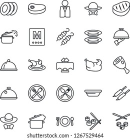 Thin Line Icon Set - spoon and fork vector, waiter, dish, restaurant table, cafe, menu, plates, dress code, chicken, steak, kebab, ham, bowl, steaming pan, sushi