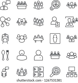 Thin Line Icon Set - spoon and fork vector, train, male, checkroom, speaking man, team, meeting, patient, group, user, hr, company, consumer search, social media, hierarchy