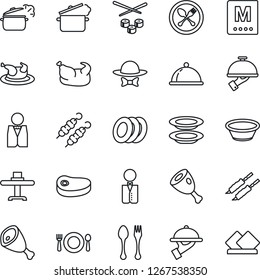 Thin Line Icon Set - spoon and fork vector, waiter, dish, restaurant table, cafe, menu, plates, dress code, chicken, steak, kebab, ham, bowl, steaming pan, sushi, serviette