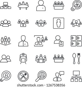 Thin Line Icon Set - spoon and fork vector, train, male, checkroom, speaking man, team, meeting, patient, group, user, hr, company, client search, consumer, hierarchy