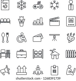 Thin Line Icon Set - spoon and fork vector, waiting area, disabled, luggage storage, desk, brainstorm, document reload, flower in pot, fence, up side sign, sorting, clapboard, loudspeaker, gamepad