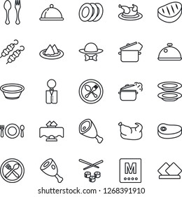 Thin Line Icon Set - spoon and fork vector, waiter, dish, restaurant table, serviette, cafe, menu, plates, dress code, chicken, steak, kebab, ham, bowl, steaming pan, sushi
