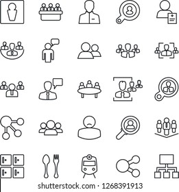 Thin Line Icon Set - spoon and fork vector, train, male, checkroom, speaking man, team, meeting, patient, group, user, company, hr, client search, consumer, social media, hierarchy