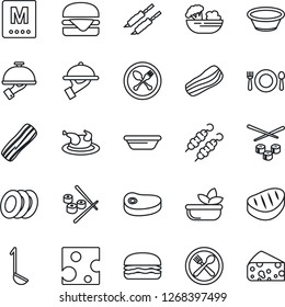 Thin Line Icon Set - spoon and fork vector, cafe, menu, salad, plates, bacon, waiter, chicken, steak, kebab, hamburger, ladle, bowl, sushi, cheese