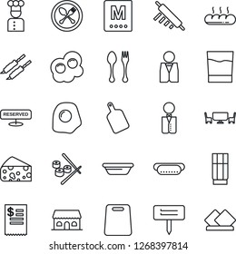 Thin Line Icon Set - spoon and fork vector, plant label, waiter, cook, menu, reserved, drink, bread, cafe building, table, restaurant receipt, kebab, hot dog, bowl, rolling pin, cutting board, sushi
