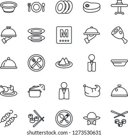 Thin Line Icon Set - spoon and fork vector, waiter, dish, restaurant table, serviette, cafe, menu, plates, dress code, chicken, steak, kebab, ham, bowl, steaming pan, sushi