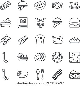 Thin Line Icon Set - spoon and fork vector, cafe, menu, salad, plates, bacon, waiter, bread, chicken, steak, kebab, hamburger, ladle, sushi, cheese