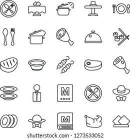 Thin Line Icon Set - spoon and fork vector, waiter, dish, restaurant table, cafe, menu, plates, dress code, chicken, steak, kebab, ham, bowl, steaming pan, sushi, serviette