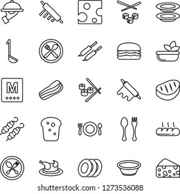 Thin Line Icon Set - spoon and fork vector, cafe, menu, salad, plates, bacon, waiter, bread, chicken, steak, kebab, hamburger, ladle, bowl, rolling pin, sushi, cheese
